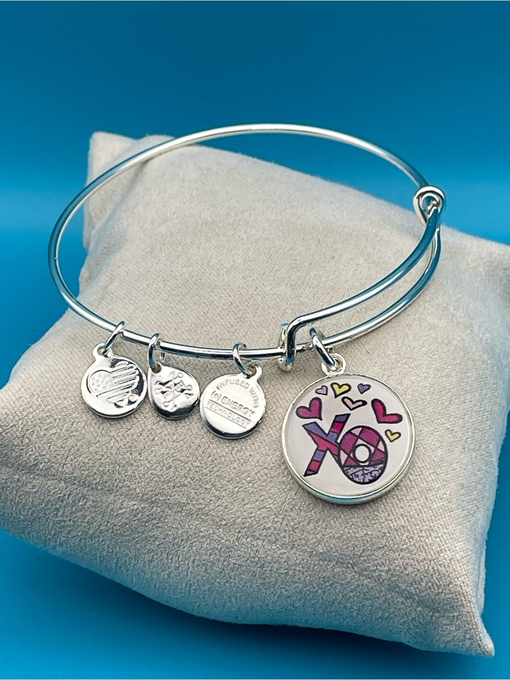Alex and Ani Silver Tone XO Charm Bangle with Pink and Yellow Accents